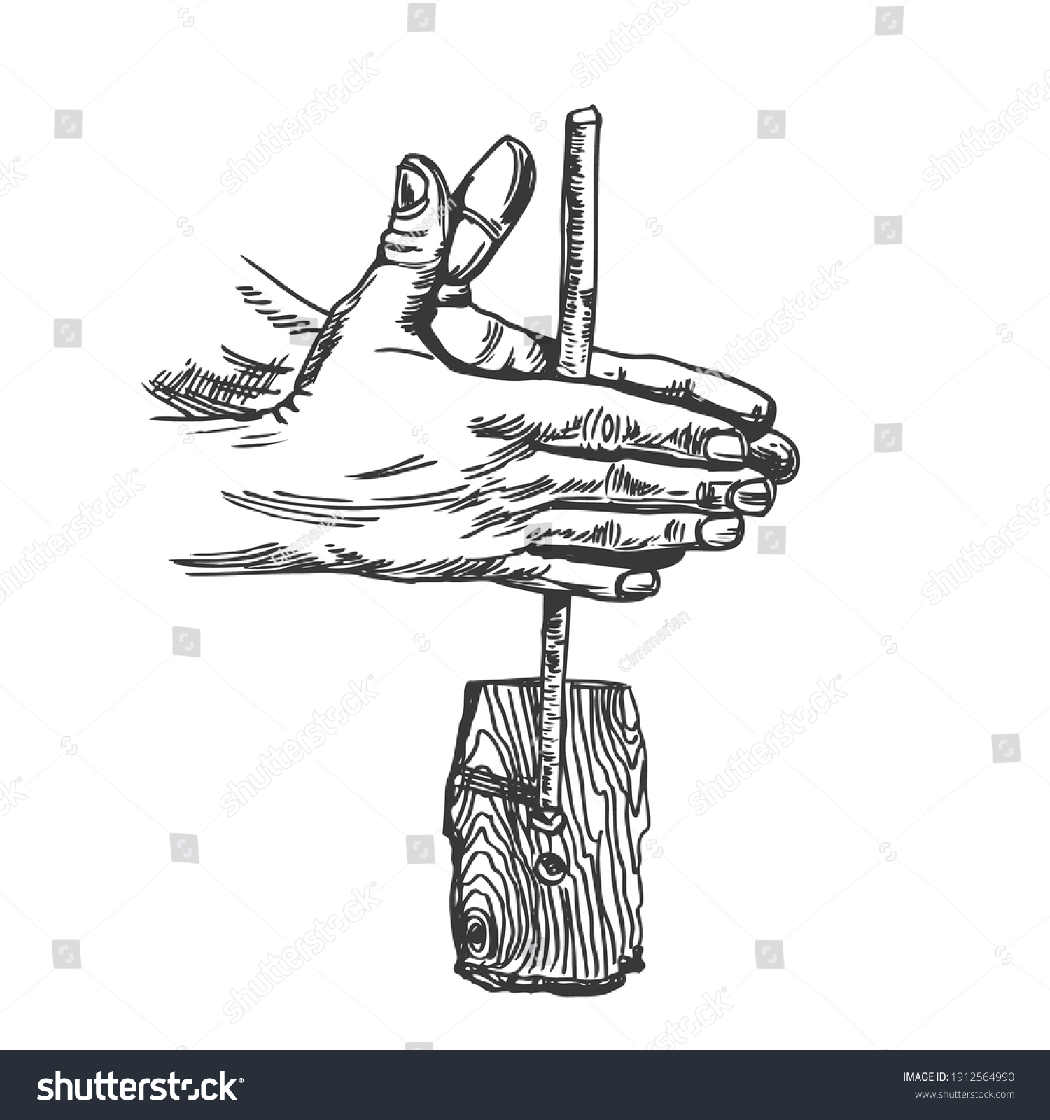 SVG of Hands of a man who makes fire with stick and wood. Hand drawn vector svg