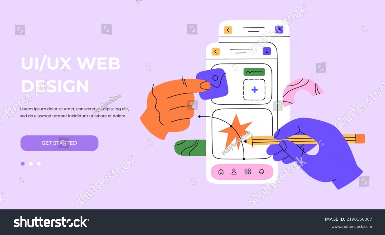SVG of Hands working on creating interfaces for websites and mobile app. UX  UI design and programming web landing page. Hand drawn color vector illustration isolated on background. Flat cartoon style. svg