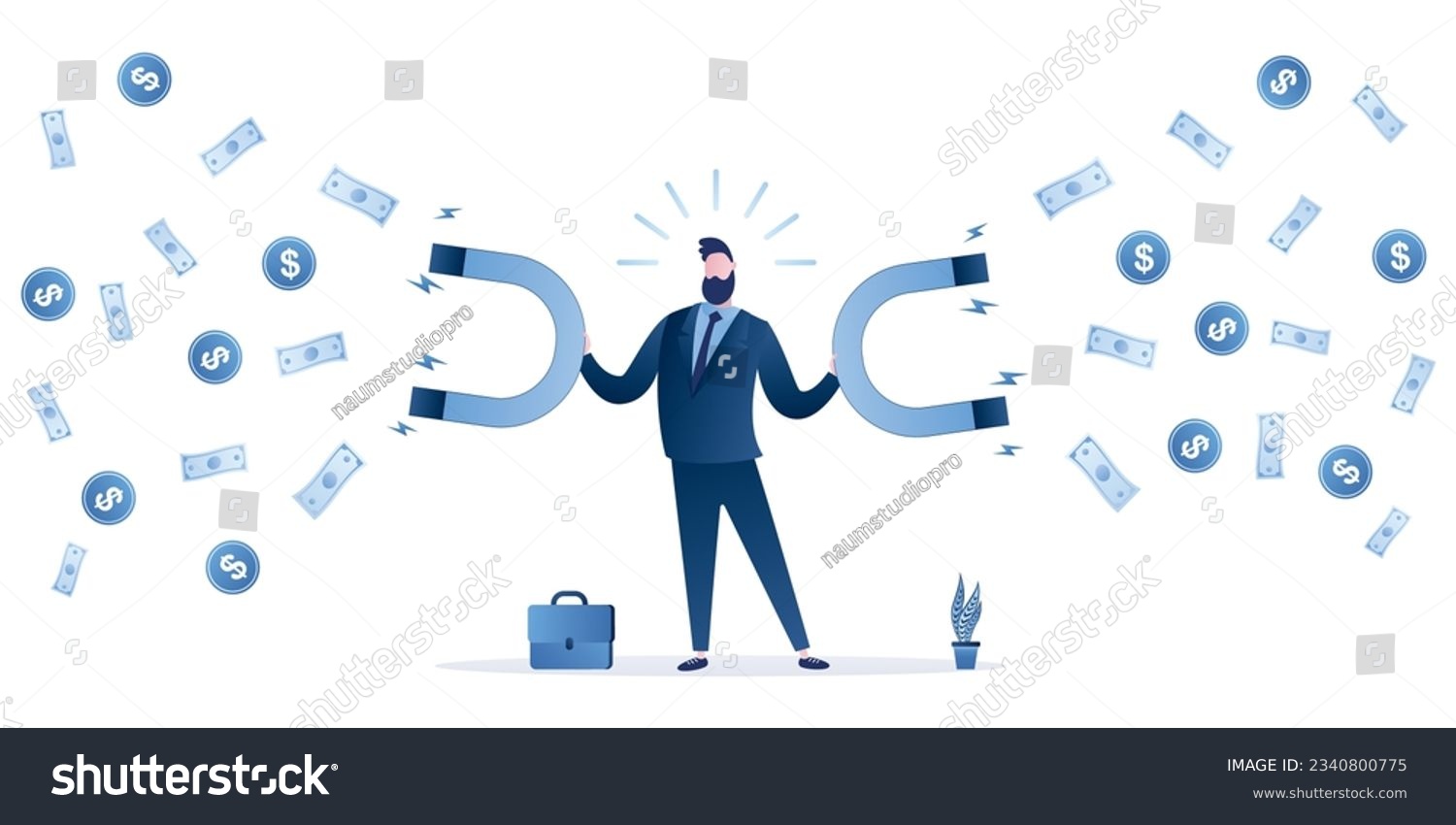 SVG of Handsome businessman holds two magnets in hands and attracting money. Banknotes and coins fly to the employee. Success concept. Male character and elements in trendy blue colors. Vector illustration svg