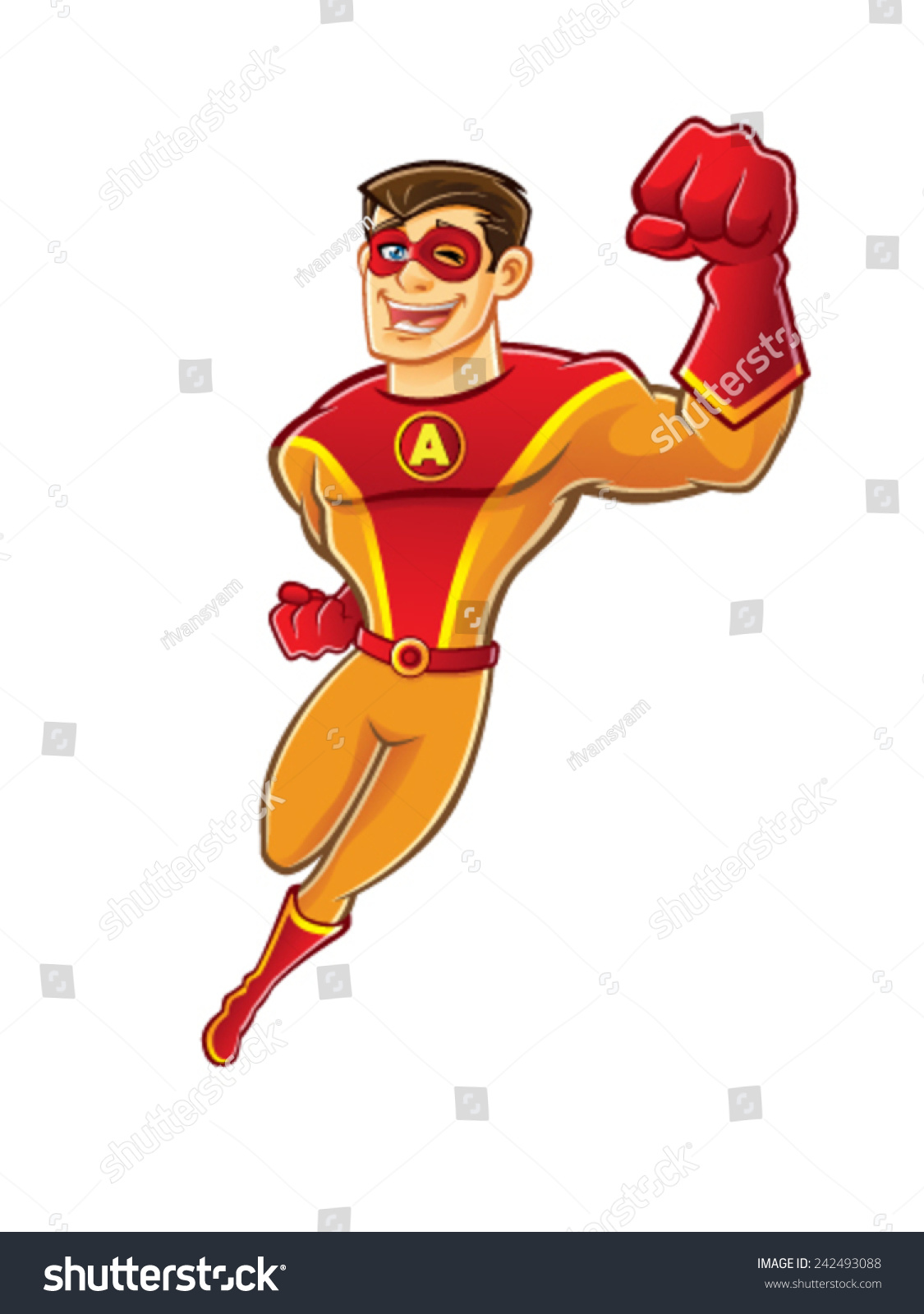 Handsome Cartoon Superhero Wearing A Mask Is Flying While Blinking And ...