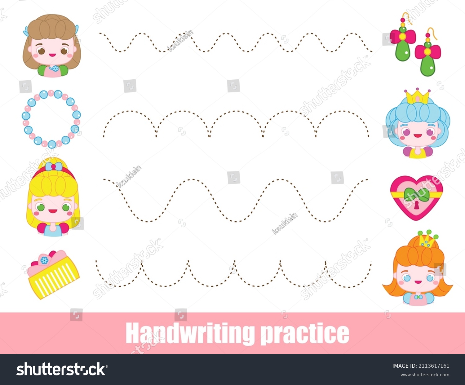 Handwriting Practice Sheet Cute Princesses Educational Stock Vector ...