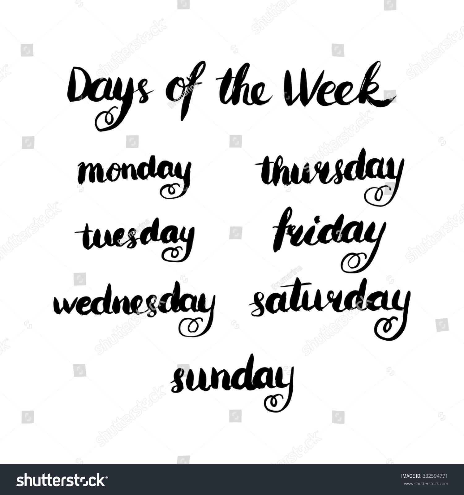 Handwritten Days Week Monday Tuesday Wednesday Vector De Stock Libre De Regalías 332594771 