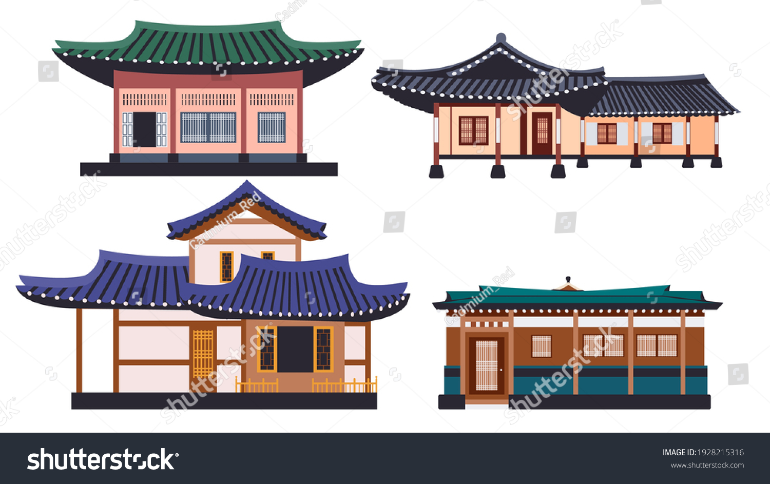 SVG of Hanok buildings isolated vector illustration set. Traditional Korean house design element collection. Ancient, classic asian town in cartoon style. svg