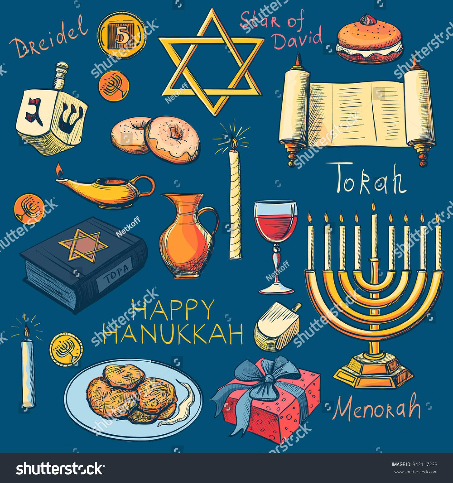 Hanukkah Traditional Jewish Holiday Symbols Set - Hanukah, Purim ...