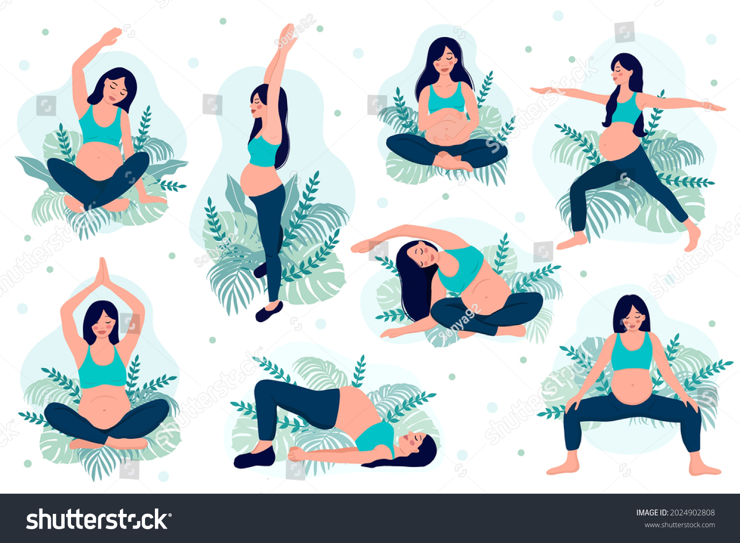SVG of Happy and healthy pregnancy concept. Pregnant woman doing yoga, 8 exercises for health and relaxation. Illustration vector isolated on white svg