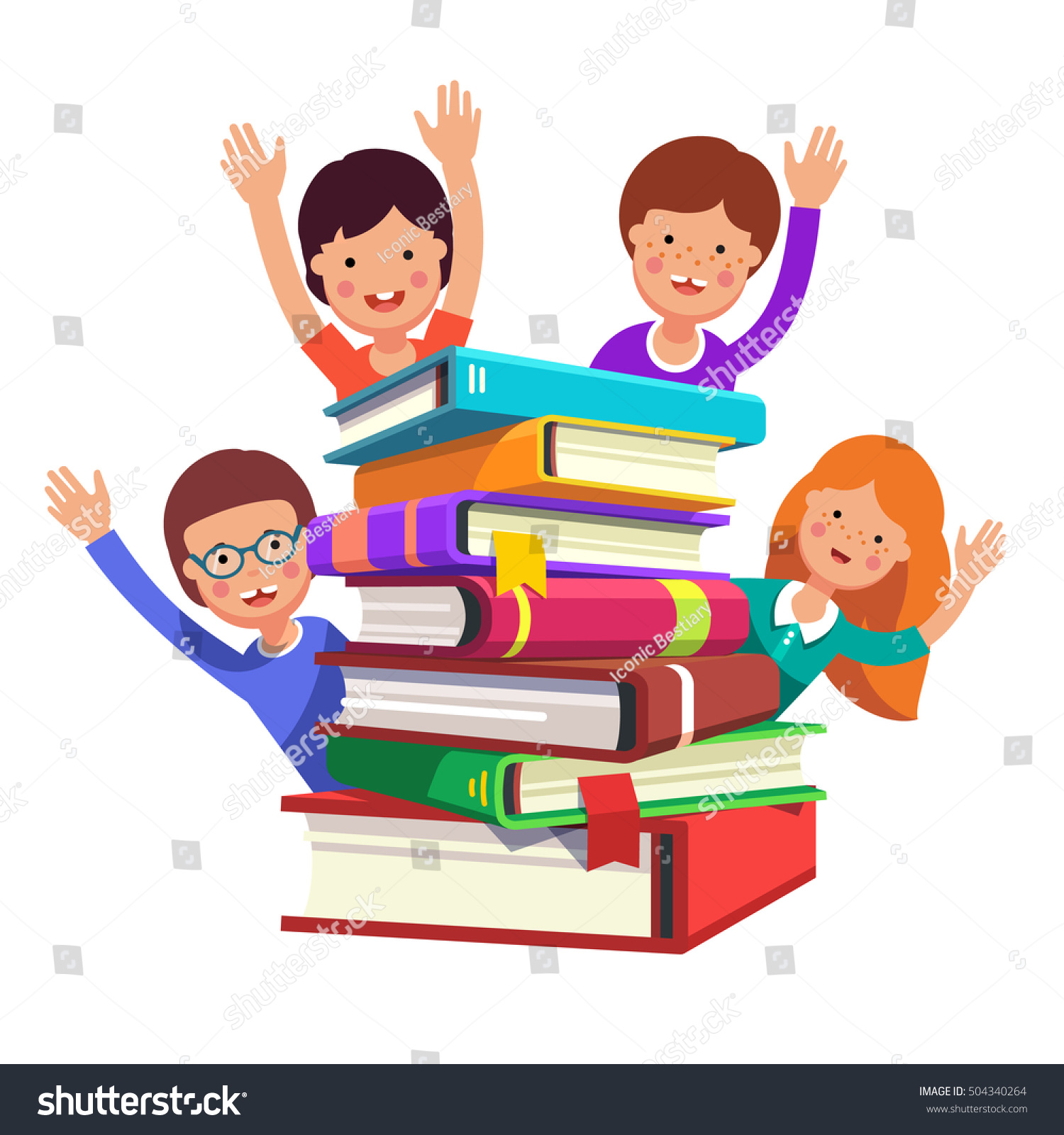 Happy Smart Kids Waving Hands Book Stock Vector 504340264 - Shutterstock