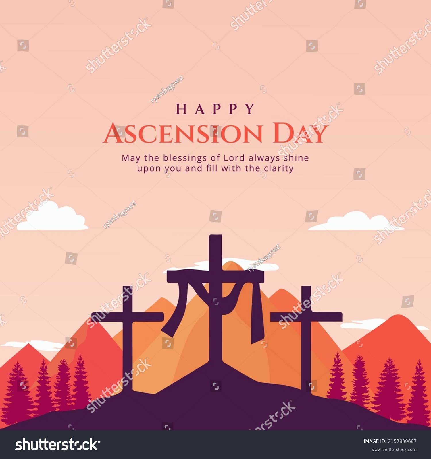 SVG of Happy Ascension Day with Cross, Trees, Mountains Vector Illustration. Selamat Hari Kenaikan Isa Almasih svg
