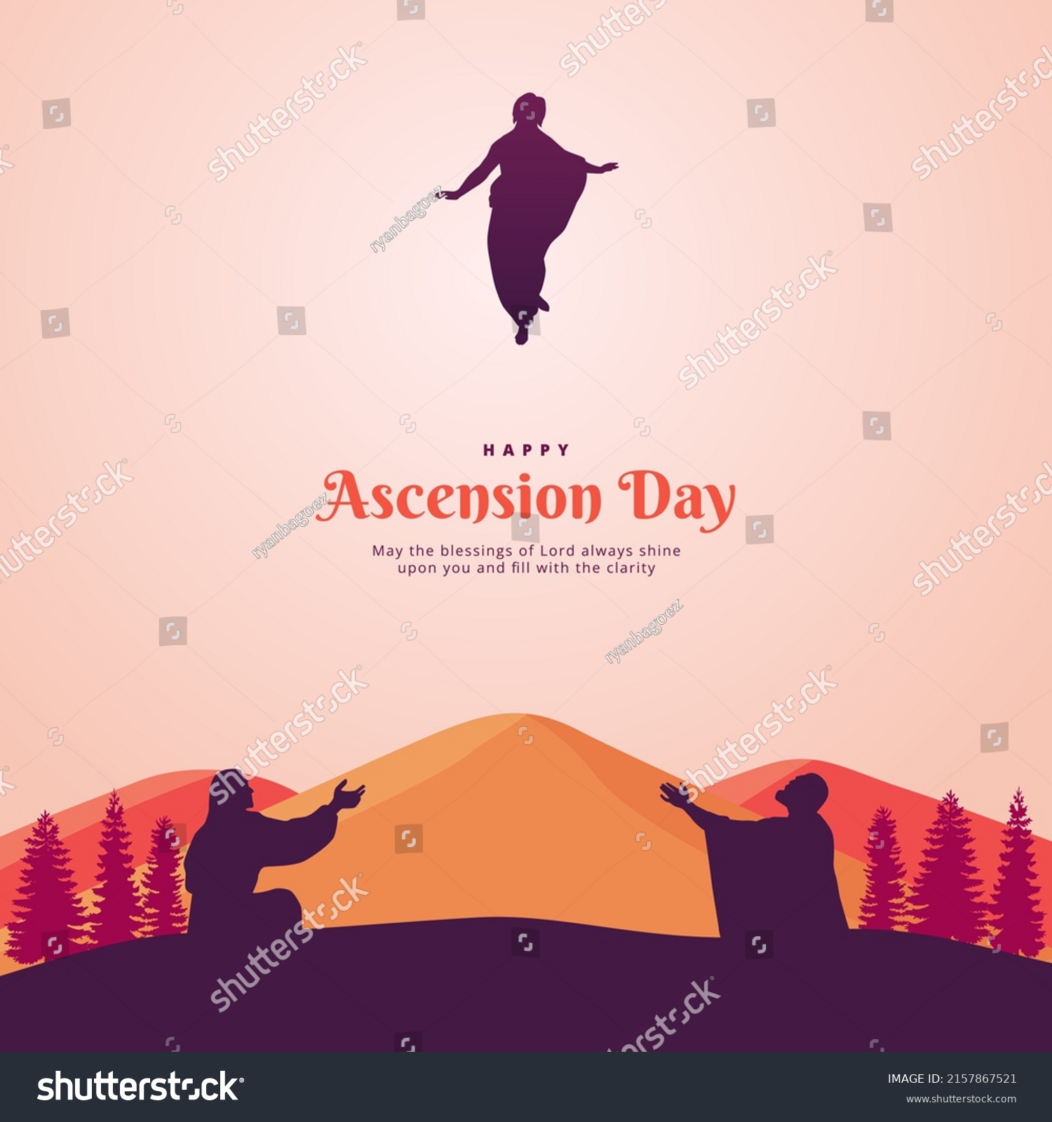 SVG of Happy Ascension Day with Jesus Silhouette, People, Trees, Mountains Vector Illustration. Selamat hari kenaikan Isa Almasih svg