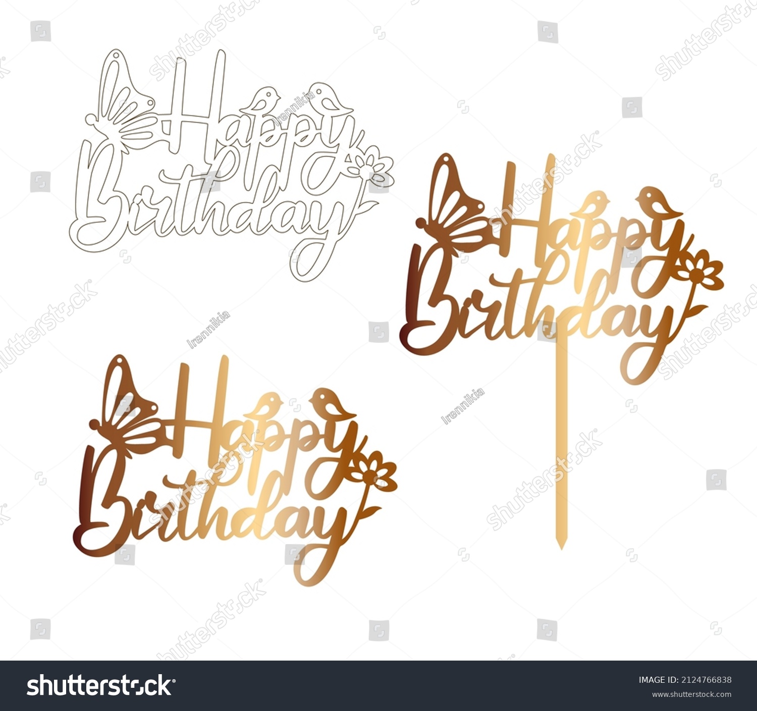 SVG of Happy birthday cake topper with butterfly and birds . Sign for laser cutting svg