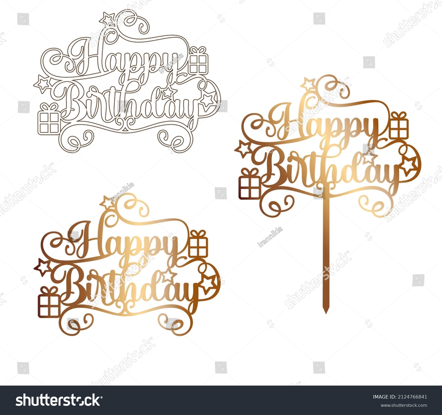 SVG of Happy birthday cake topper with stars ang gifts. Sign for laser cutting svg