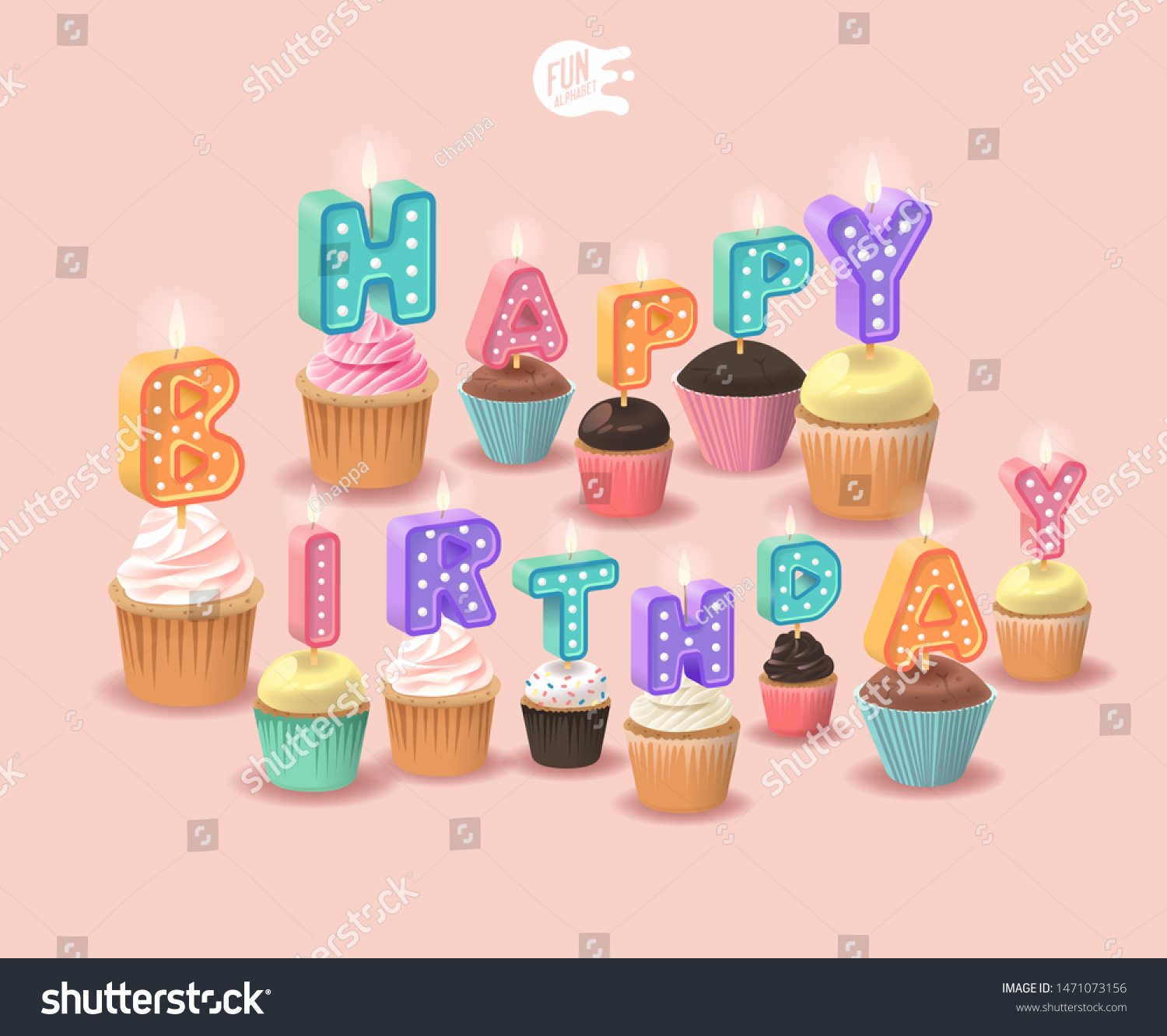 SVG of Happy Birthday Candle 3D Letters On A Pink Background. Set For A Candy Bar. Font For Celebration. Realistic Collection for A Children's Party. Baby Shower. Muffin With Candle. 3D Sweet Alphabet ABC svg