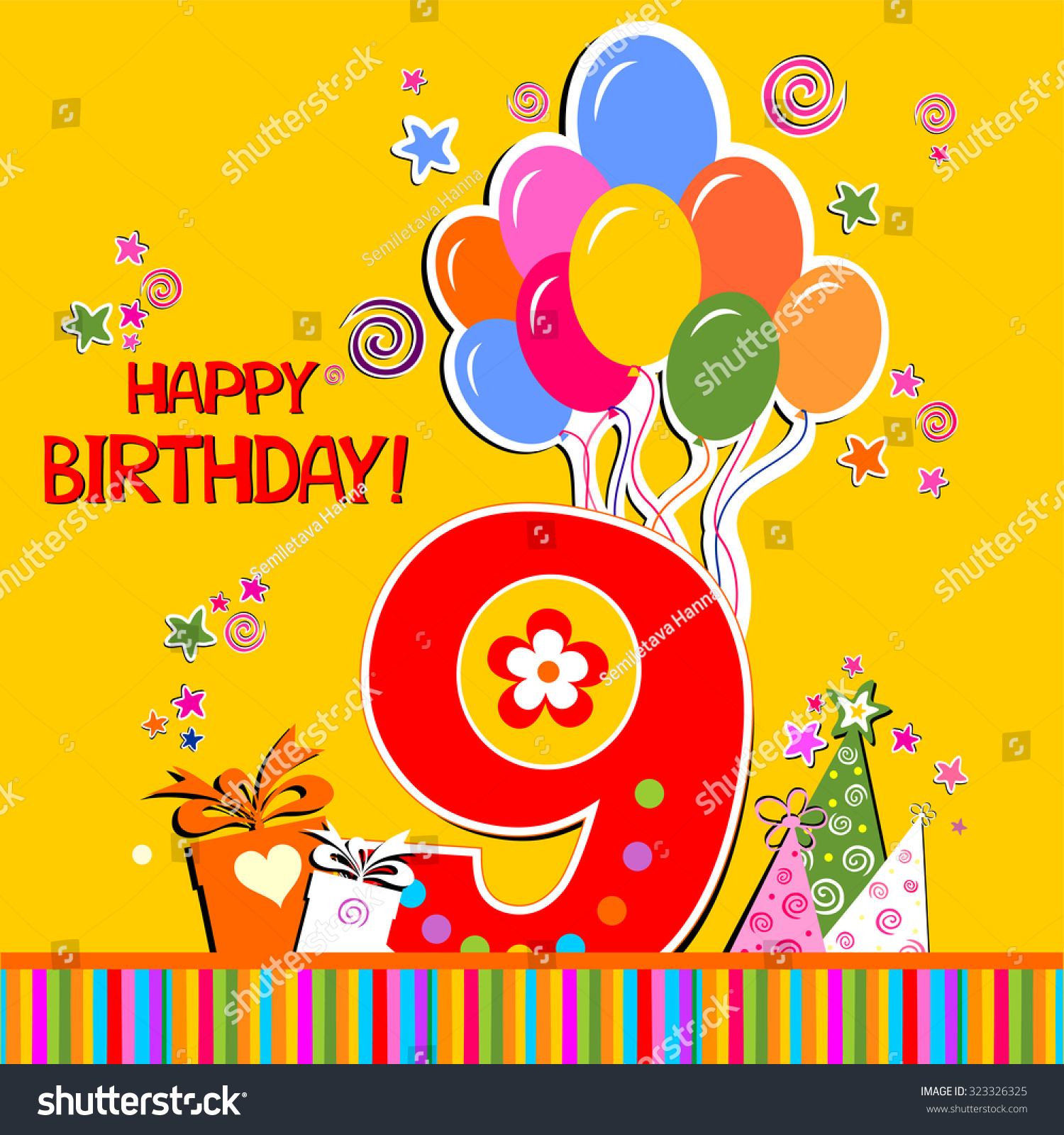 Happy Birthday Card. Celebration Yellow Background With Number Nine ...