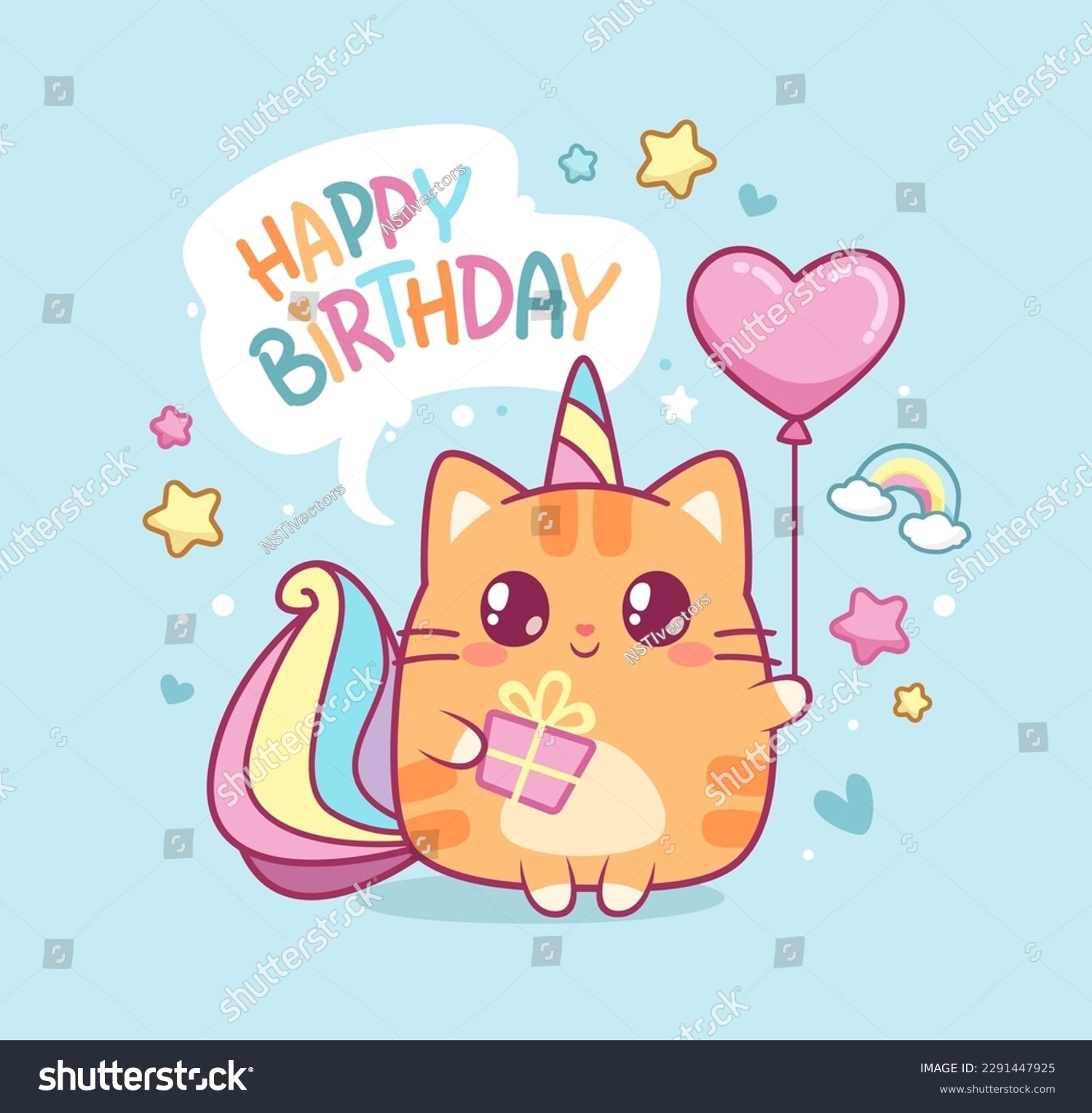 SVG of Happy Birthday Card concept with cute cat or  caticorn baby in kawaii style. Baby kitten Unicorn says  Happy Birthday on greeting card design. Vector templae svg