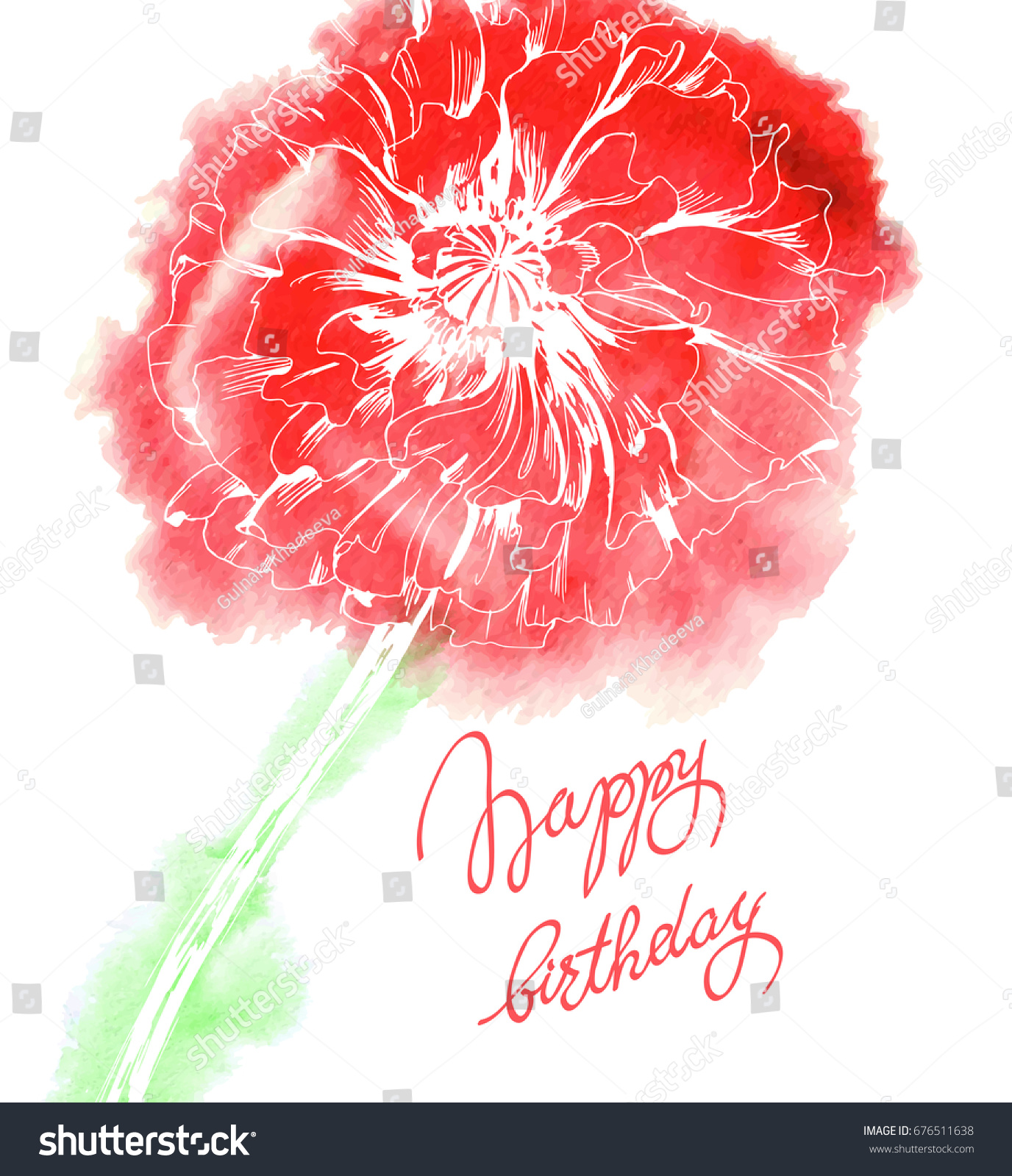 Happy Birthday Card Watercolor Red Poppies Stock Vector Royalty Free