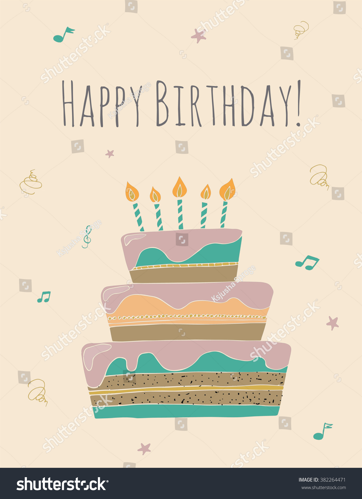 Happy Birthday Card With Birthday Cake Stock Vector 382264471 ...