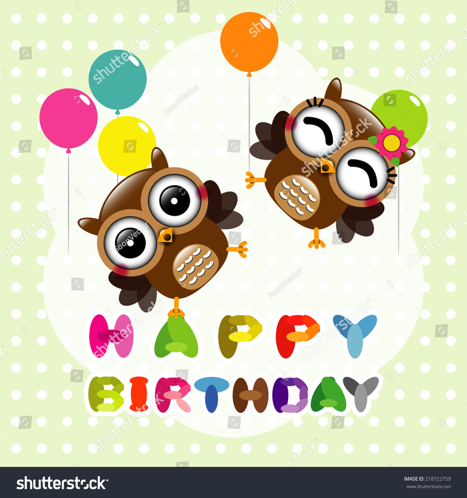 Happy Birthday Card With Cute Owls Stock Vector 218722759 : Shutterstock