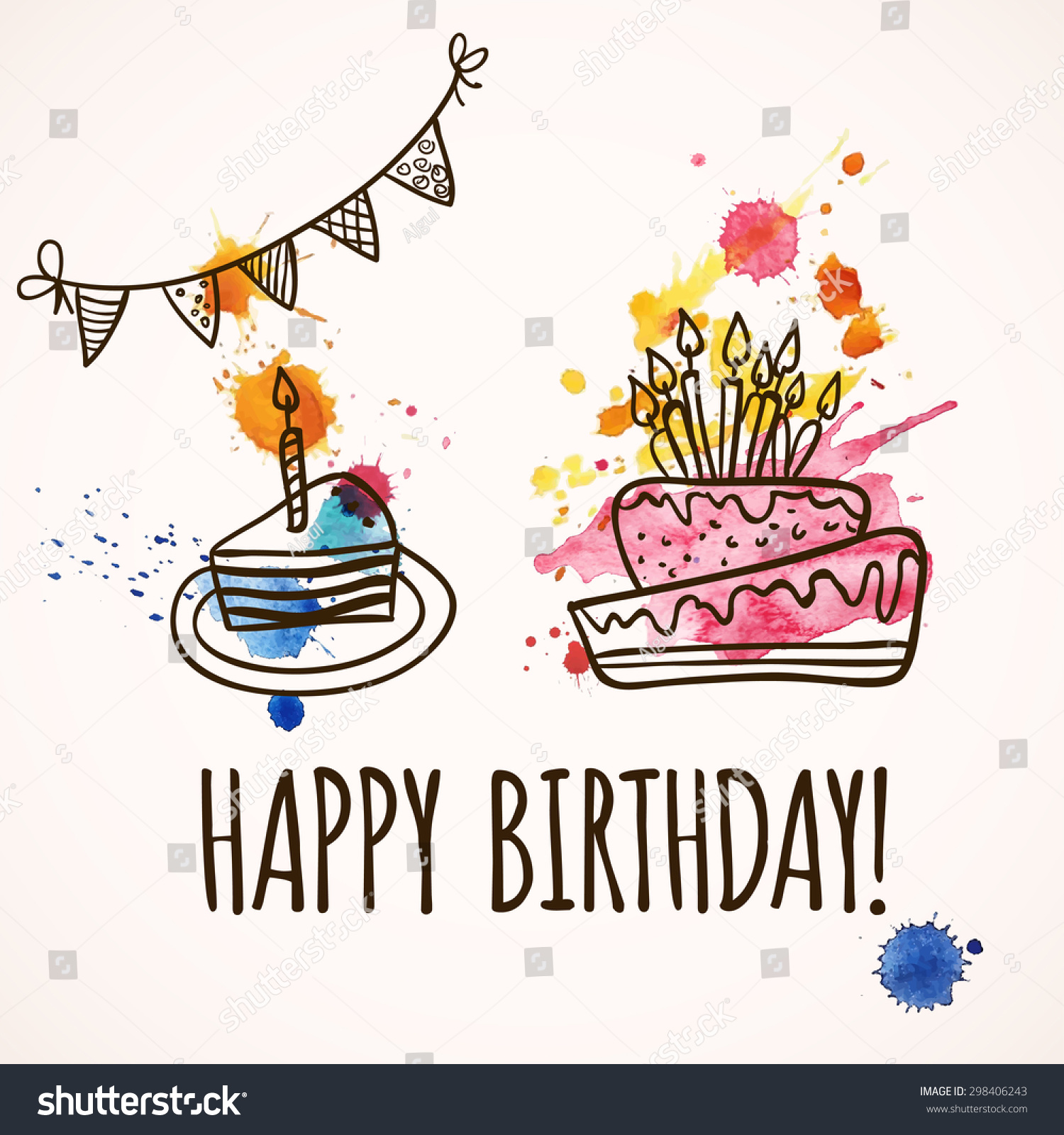 Happy Birthday Card With Doodle Hand Drawn Birthday Cake. Vector ...