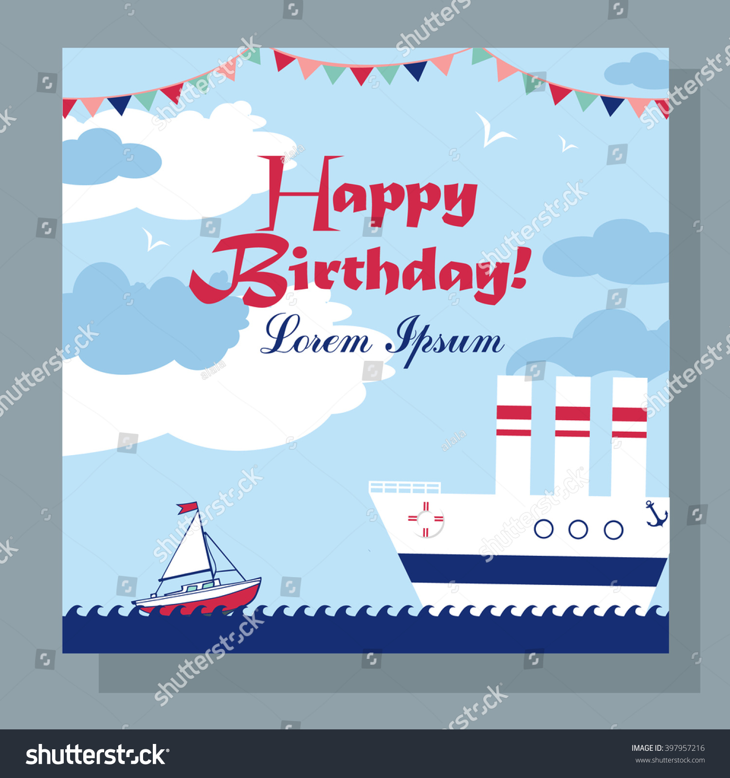 Happy Birthday Card Two Boats Sea Stock Vector (Royalty Free