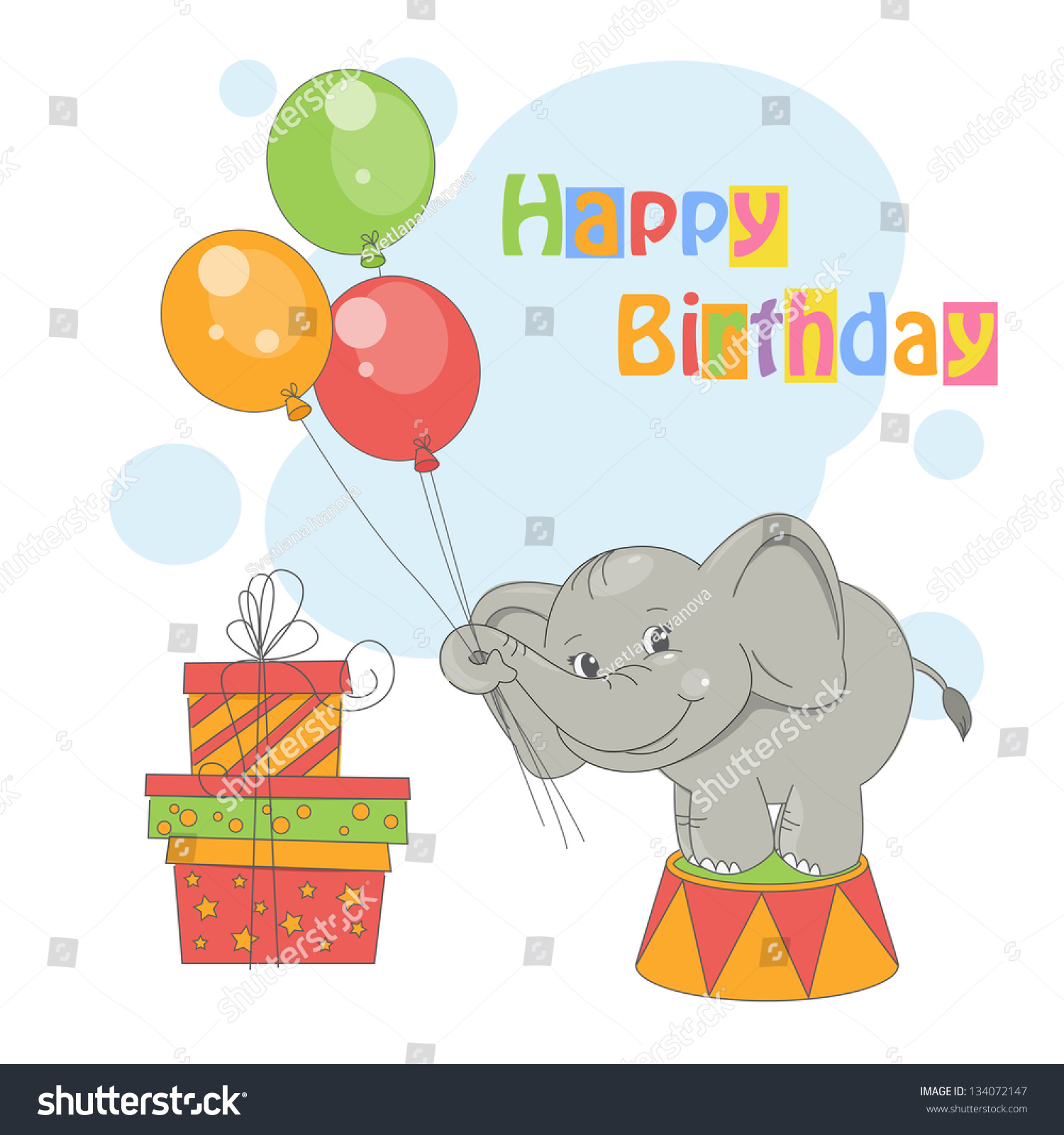 Happy Birthday. Colorful Illustration Of Cute Elephant With Balloons On ...