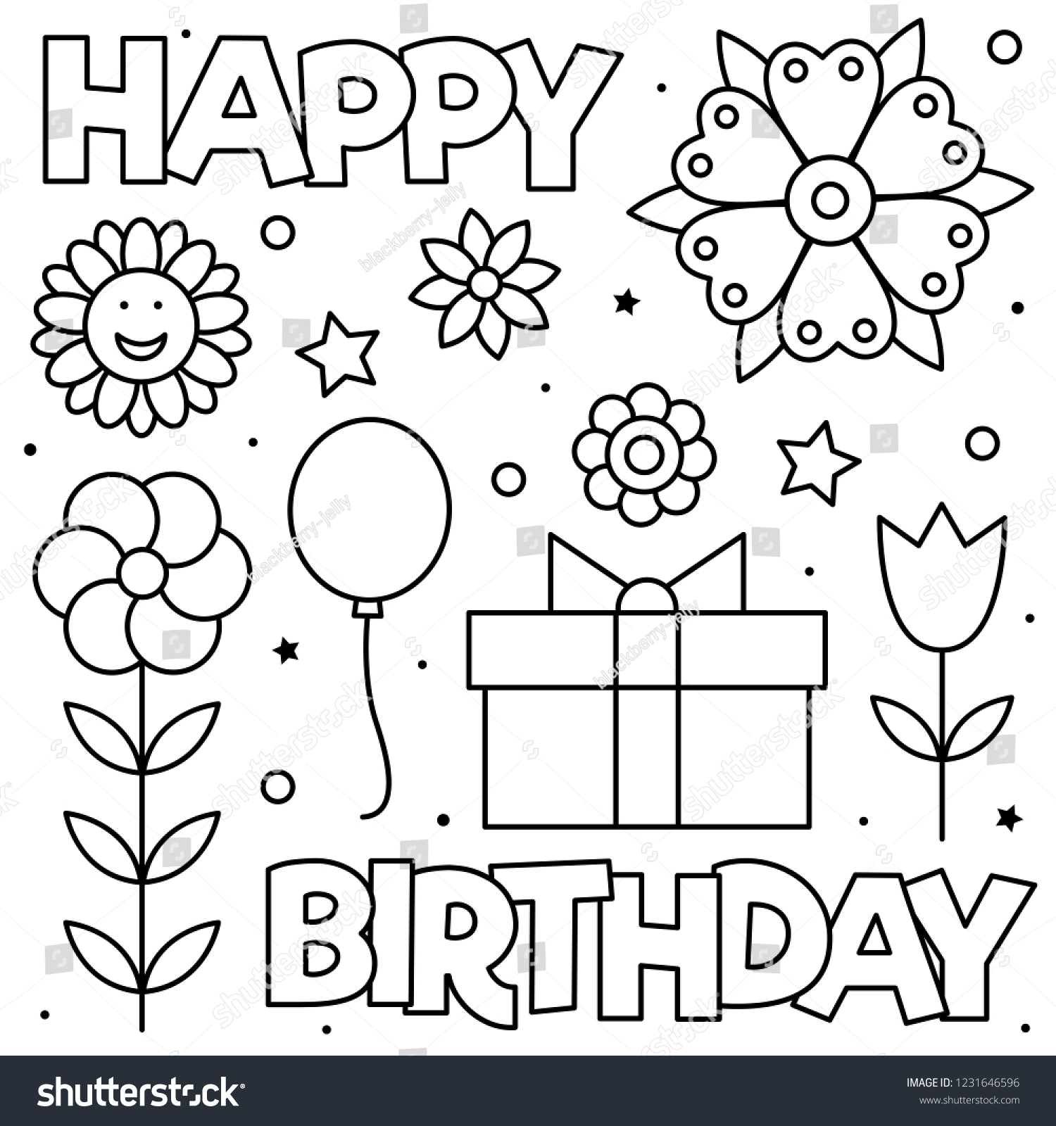 Happy Birthday Coloring Page Black White Stock Vector (Royalty Free ...