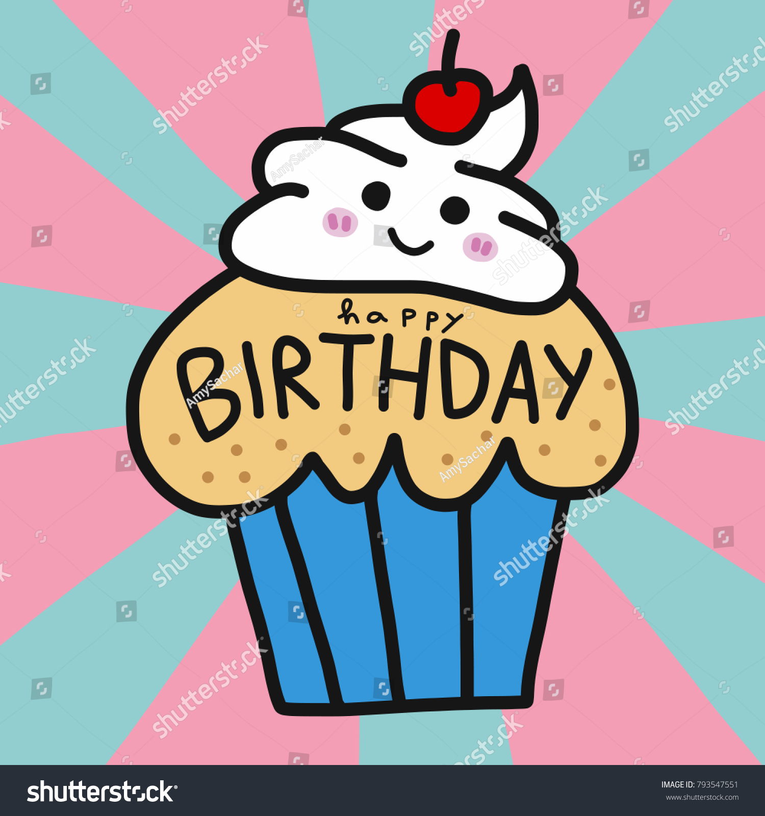 Happy Birthday Cup Cake Cute Cartoon Stock Vector Royalty Free