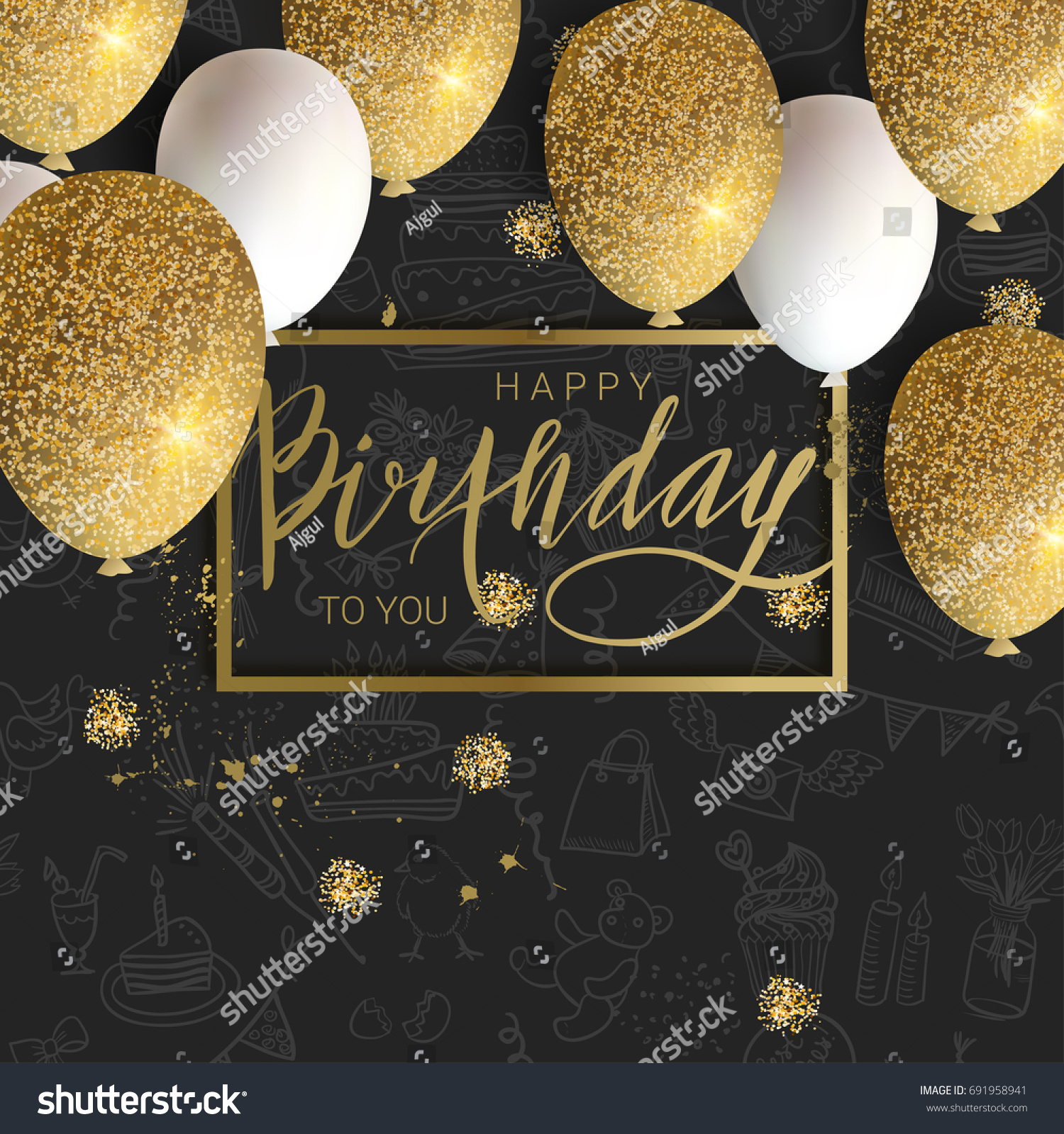 Happy Birthday DesignWhite And Golden Glitter Balloons Calligraphi On The Doodle Background