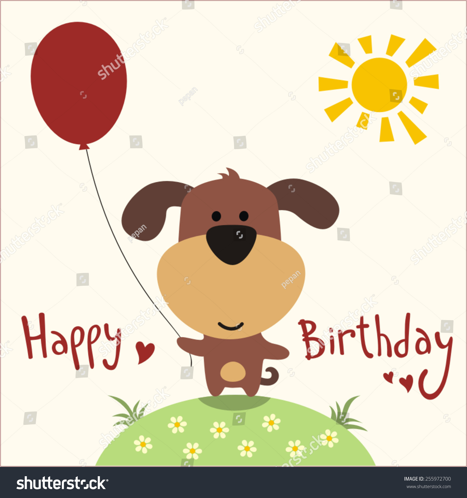 Happy Birthday! Funny Puppy With Balloon, Handwritten Text. Birthday ...