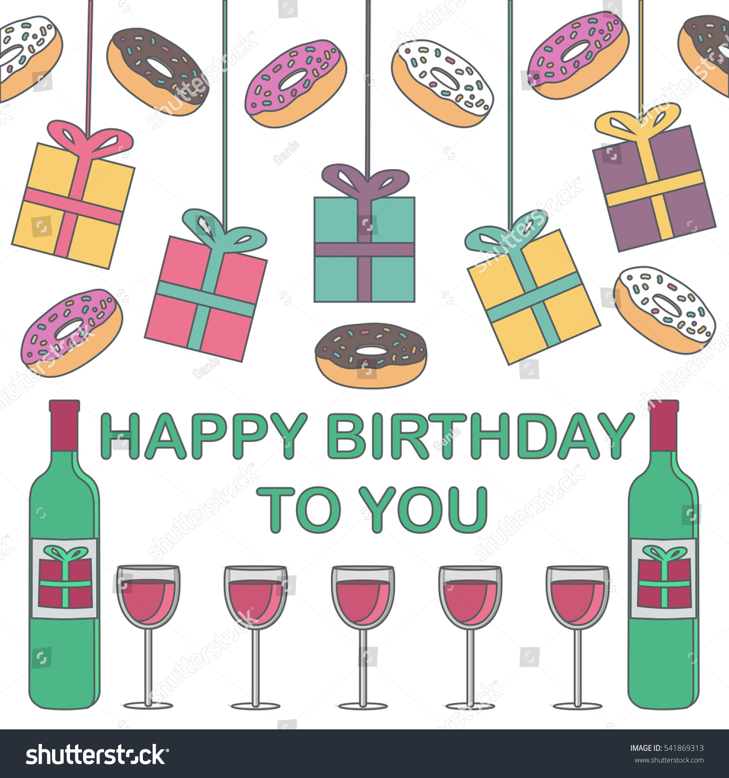 Happy Birthday Gifts Donuts Wine On Stock Vector Royalty Free Happy Birthday Gifts Donuts Wine On Stock Vector Royalty Free