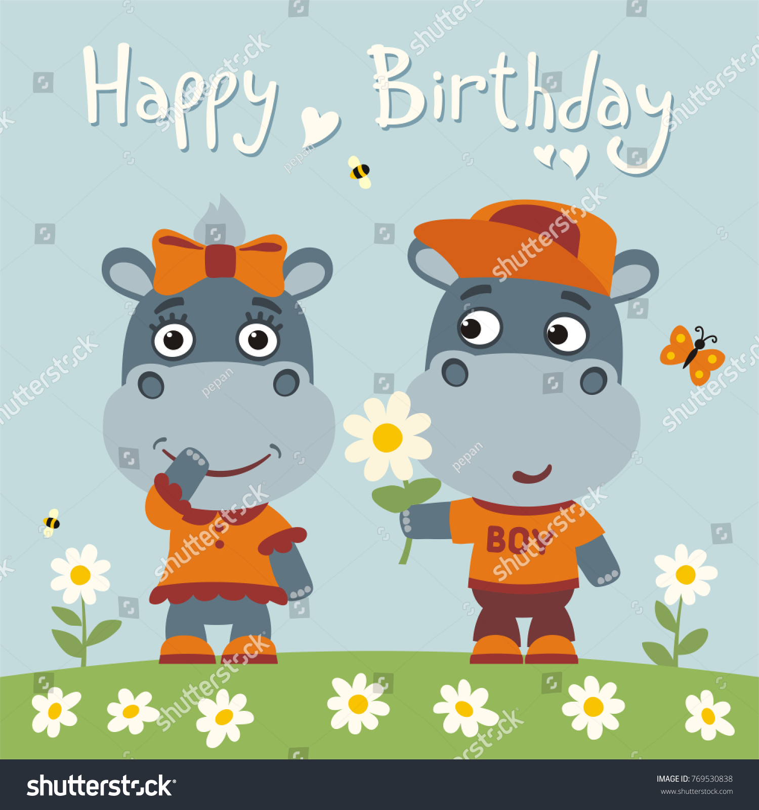Happy Birthday Greeting Card Funny Hippo Stock Vector (Royalty Free