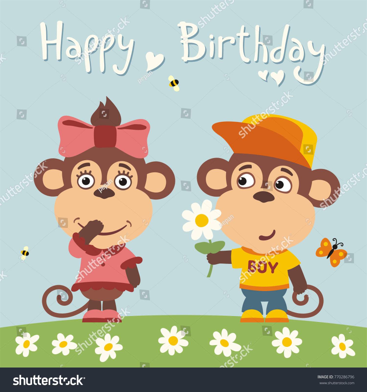 Happy birthday Greeting card funny monkey boy gives flower to girl