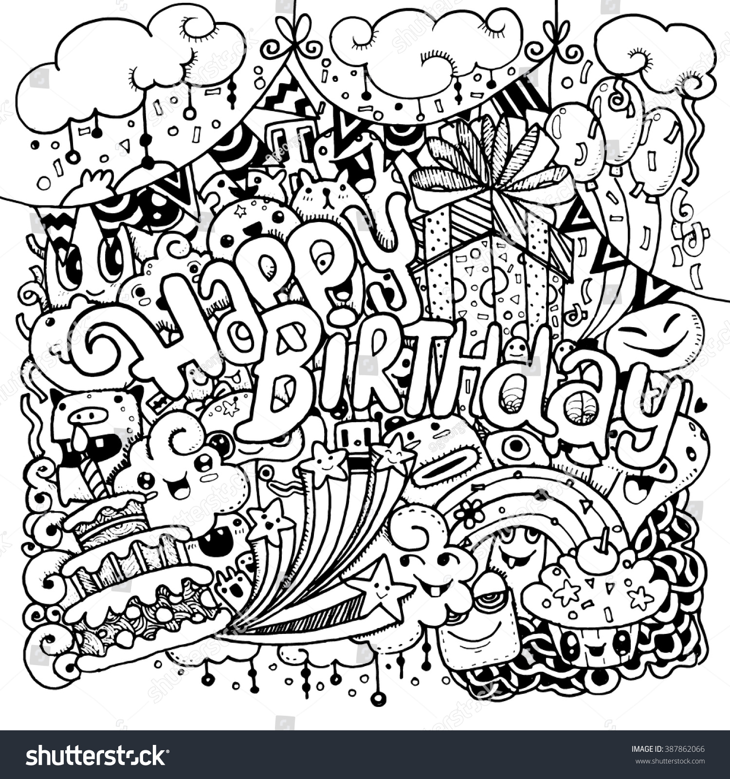 Happy Birthday Hand Drawn Sketch Set Stock Vector (Royalty Free