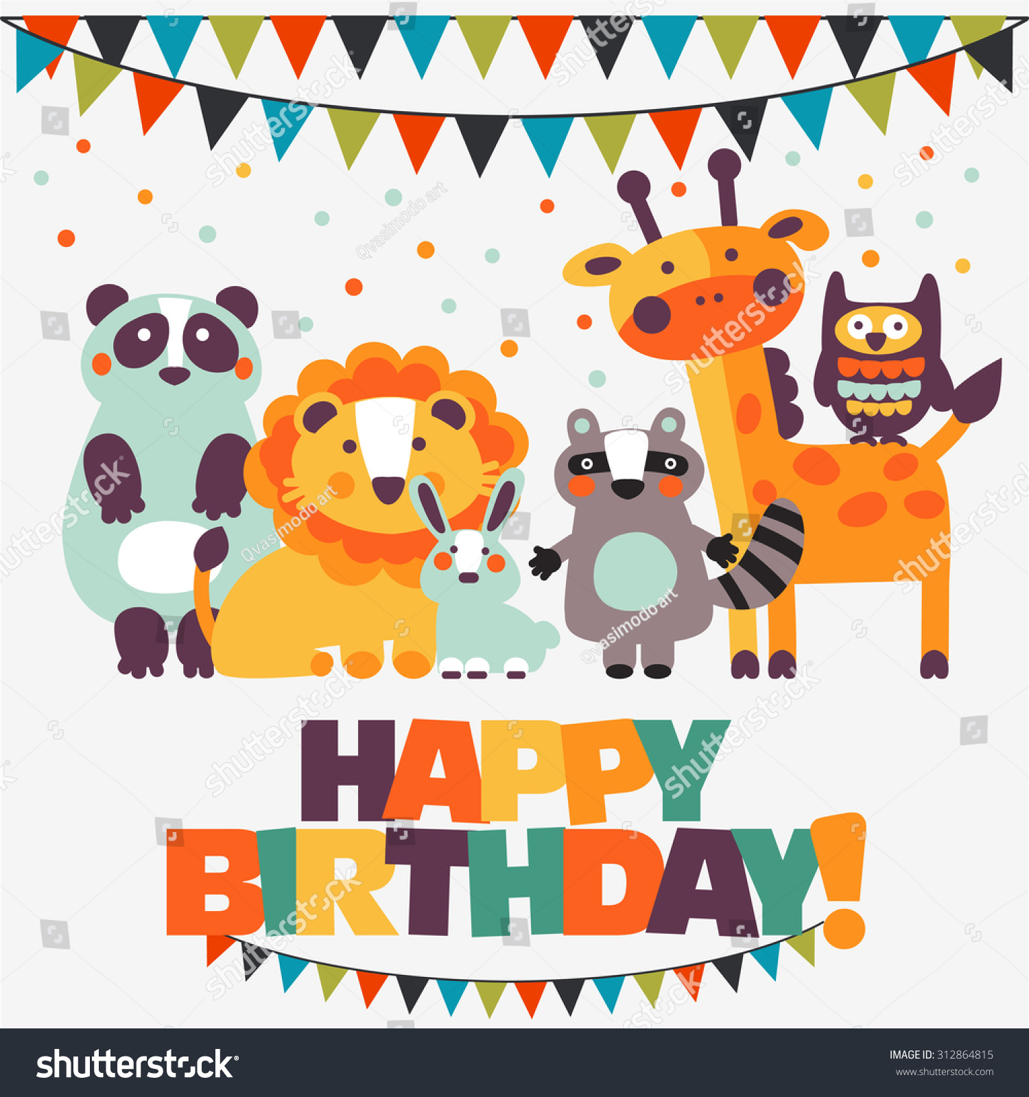 Happy Birthday - Lovely Vector Card With Funny Cute Animals And ...