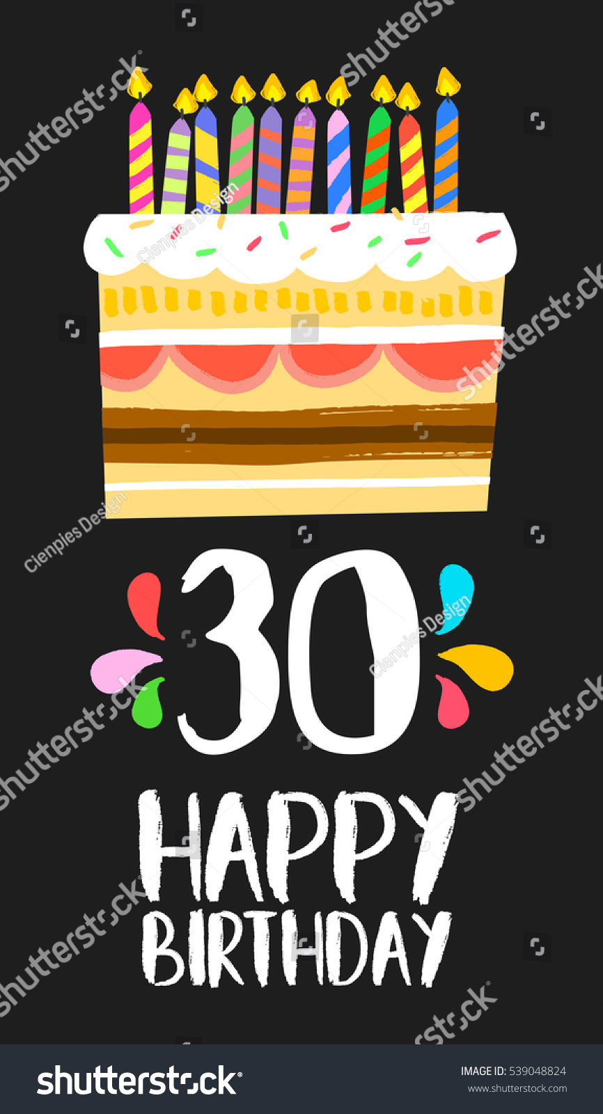 30歳の誕生日おめでとう 30年間のグリーティングカード ケーキとキャンドルと楽しいアートスタイル 記念の招待 お祝い またはお祝いのデザイン Eps10のベクター画像 のベクター画像素材 ロイヤリティフリー