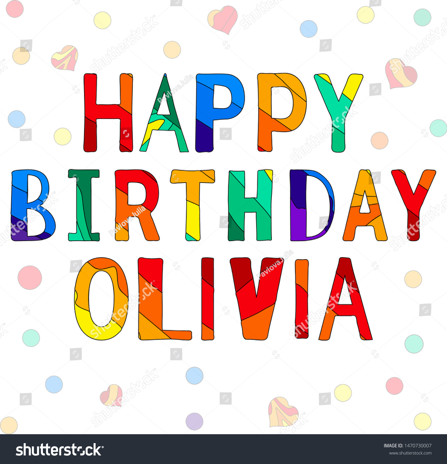 Happy Birthday Olivia Funny Cartoon Multicolor 库存矢量图 免版税