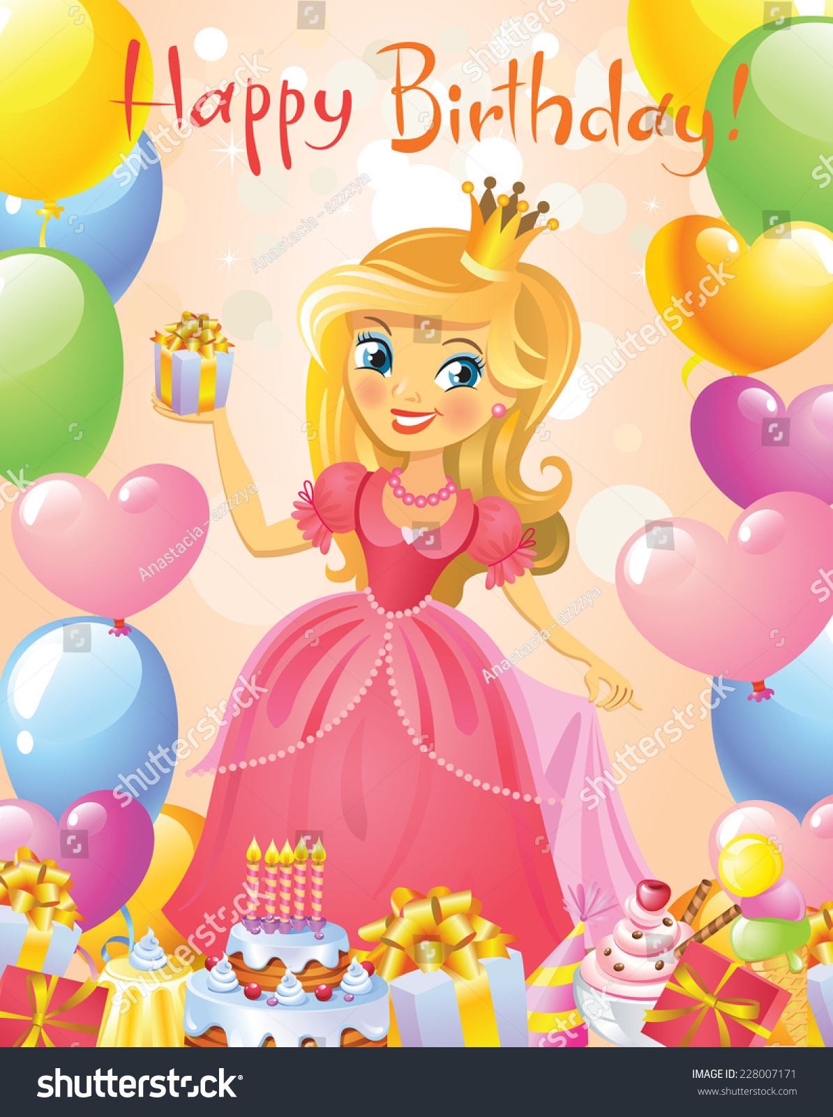 Happy Birthday Princess Greeting Card Illustration Stock Vector ...