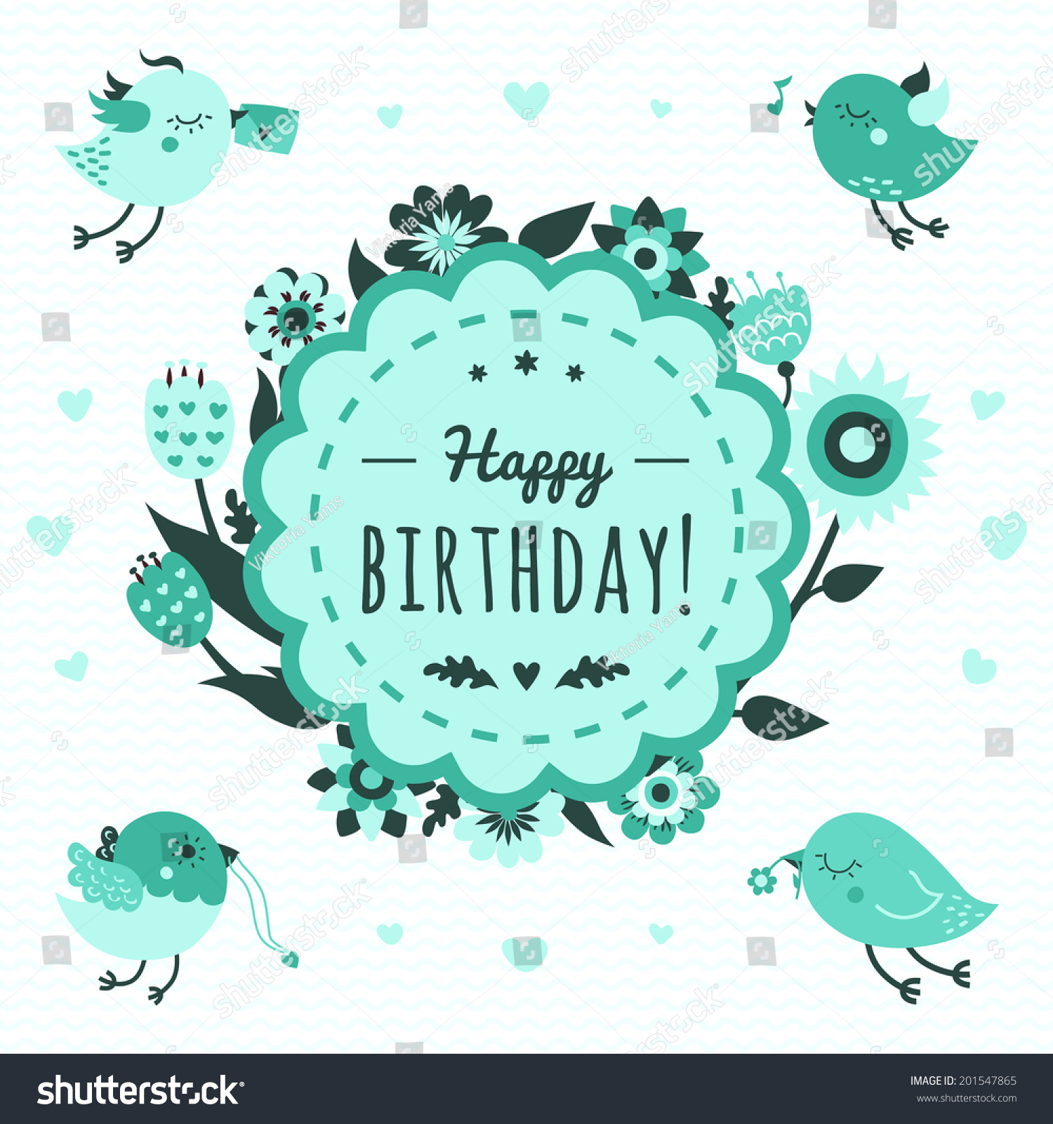 Happy Birthday Vector Card In Light And Dark Turquoise And Mint Green ...