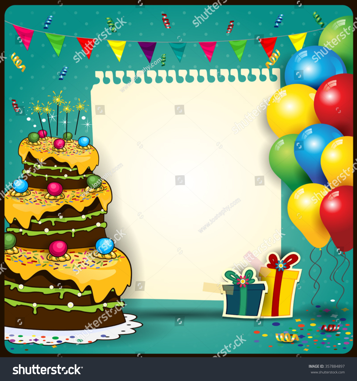 Happy Birthday With A Sheet Of Paper With Balloons And Cake-Space To ...