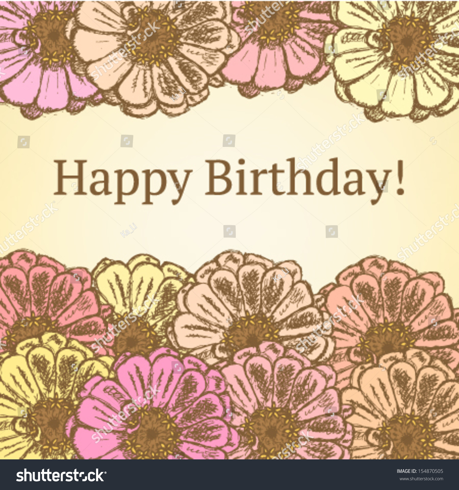 Happy Birthday With Zinnia Flowers, Vector Sketch Background ...