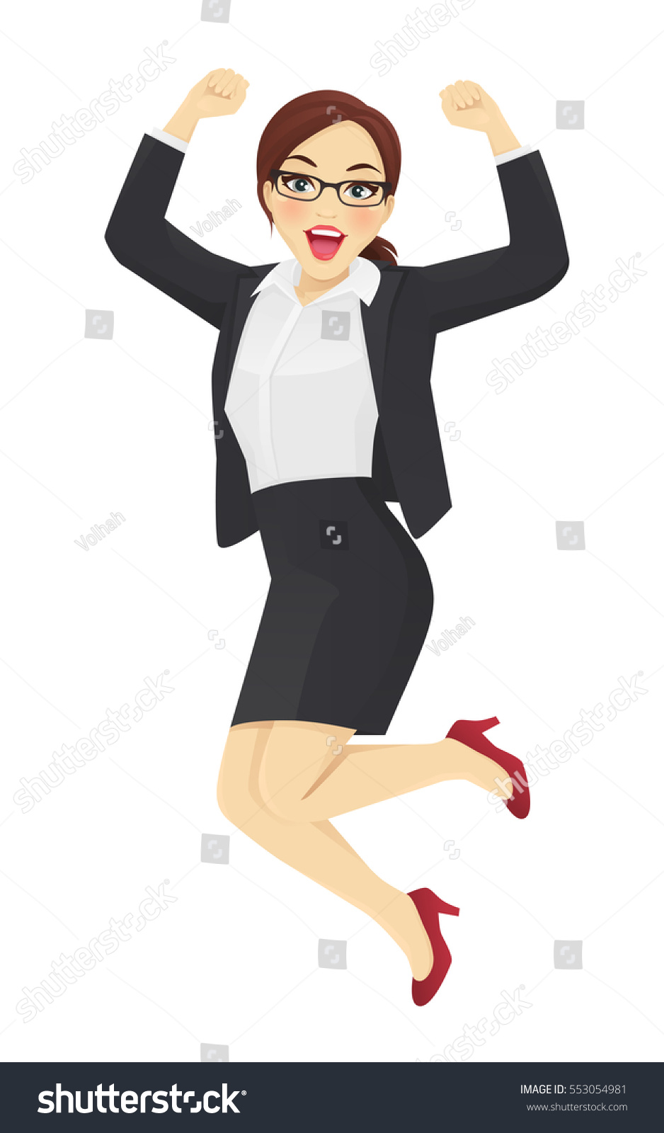 Happy business woman in suit jumping isolated