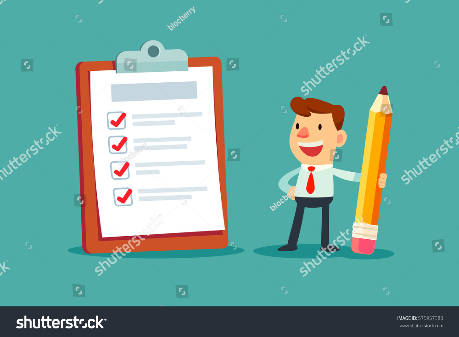 SVG of Happy businessman holding a pencil looking at completed checklist on clipboard. svg