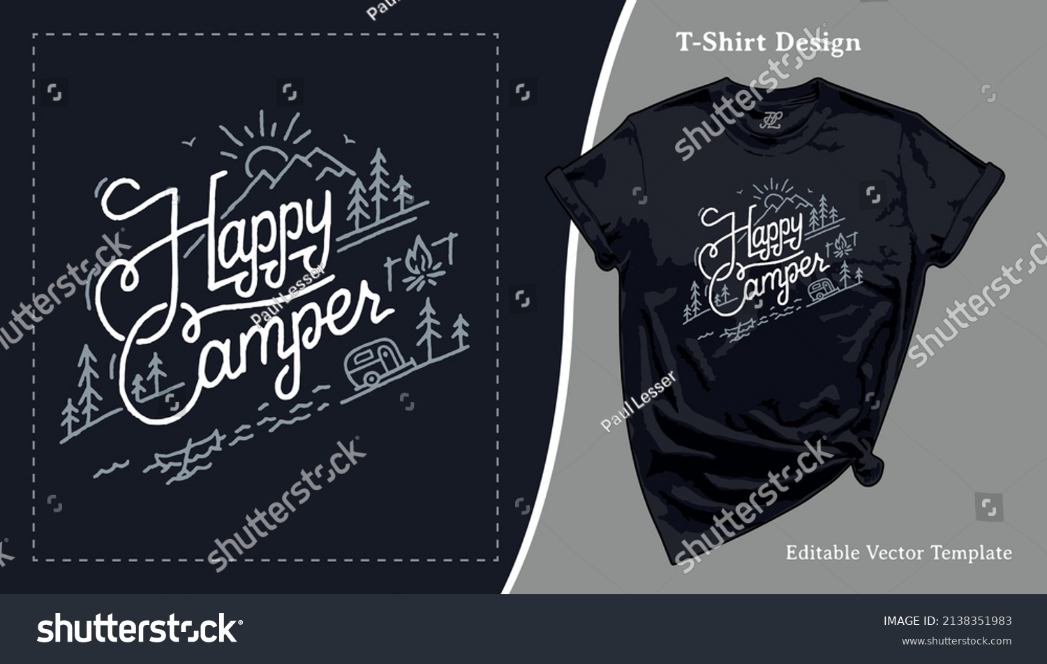 SVG of Happy Camper T-Shirt Design. T shirt Template with a Hand Drawn Vector Illustration for Print on Demand Camping Tee, Hiking Apparel, Clothing, SVG and Screen Print svg
