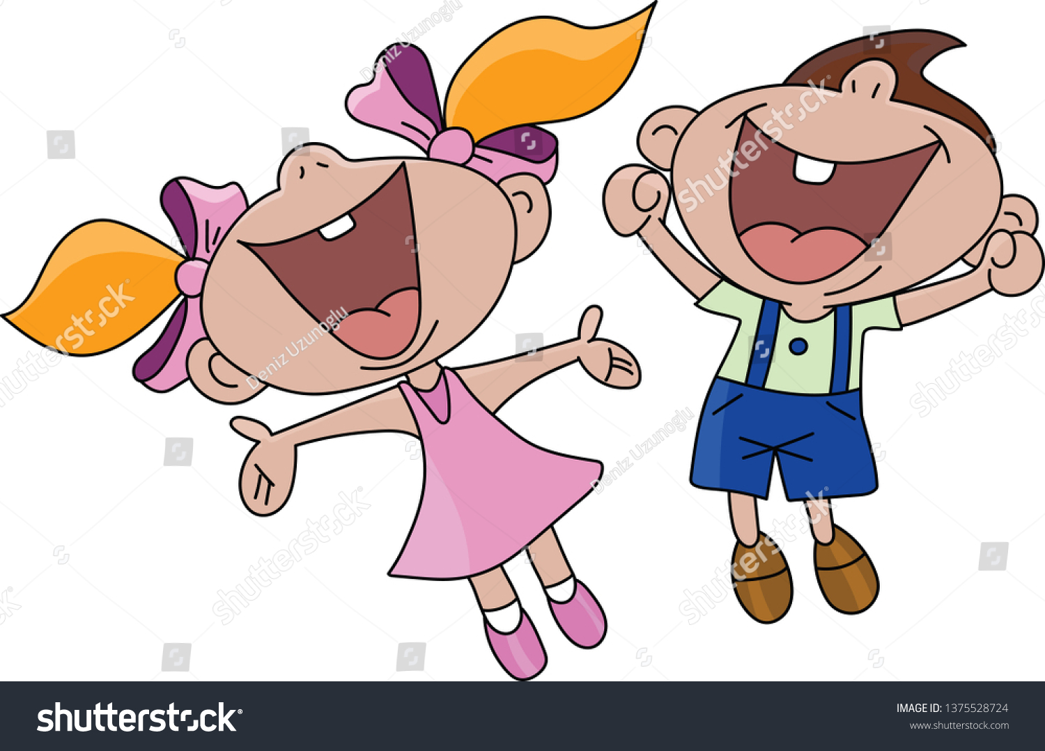 Happy Cartoon Boy Girl Jumping Air Stock Vector (Royalty Free) 1375528724