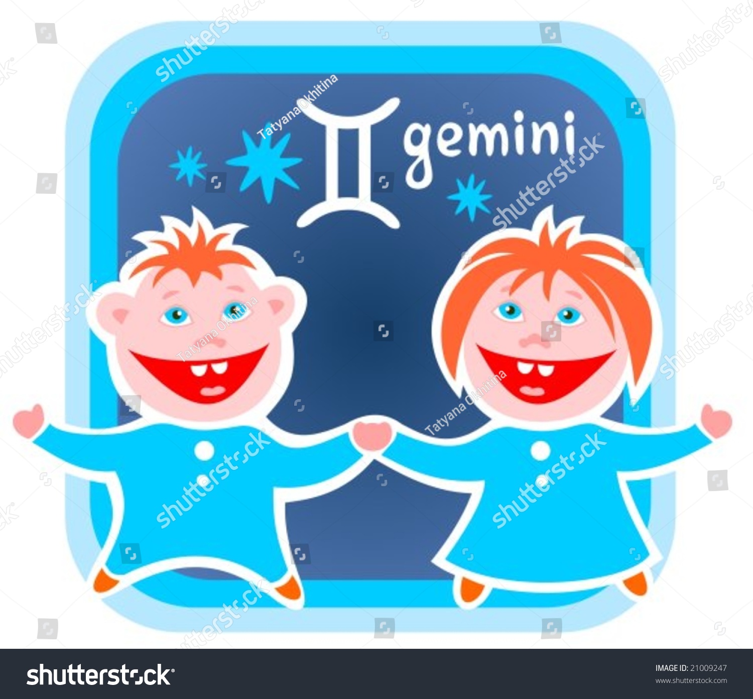 Happy Cartoon Gemini On A Blue Background. Zodiac Star Sign. Stock ...