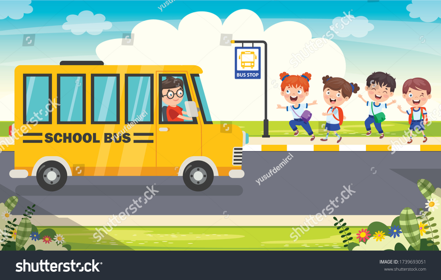 Happy Children School Bus Stock Vector (Royalty Free) 1739693051