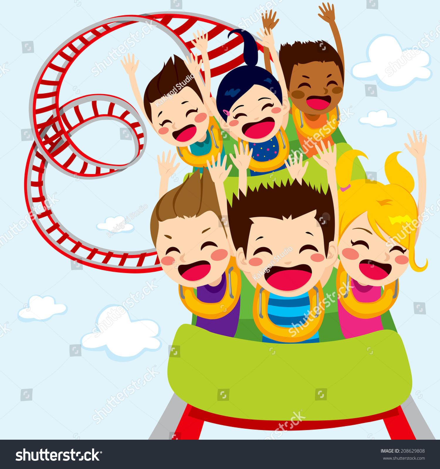 Happy Children Enjoy Roller Coaster Ride Screaming And Having Fun Stock ...