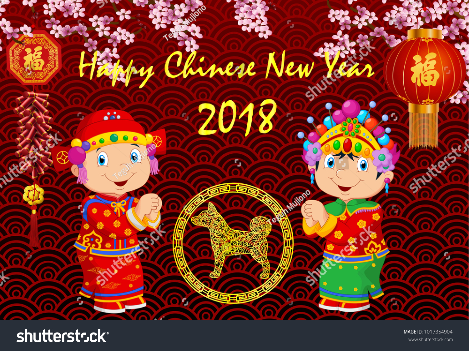 stock vector happy chinese new year two kids with congratulation gesture