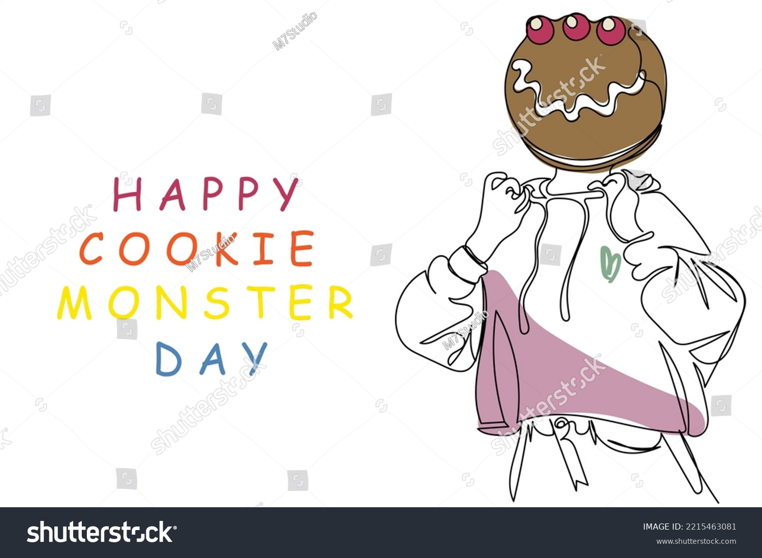 SVG of Happy Cookie Monster day poster. Continuous line art drawing of a huge cookie face adult celebrating cookie monster day. Postcard and banner design concept. Food days. November observances line art svg