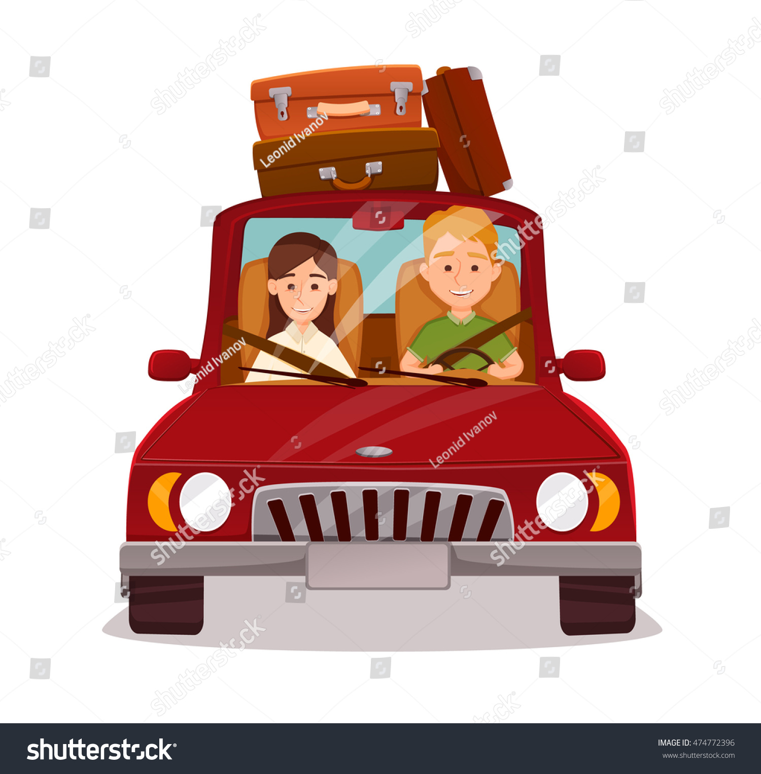 Happy Couple. Car Trip. Young Family Man Driving. Isolated On White ...