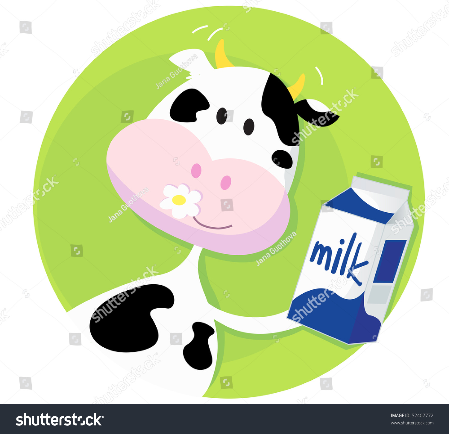 Happy Cow With Milk Box On Green Background. Vector Illustration Of ...