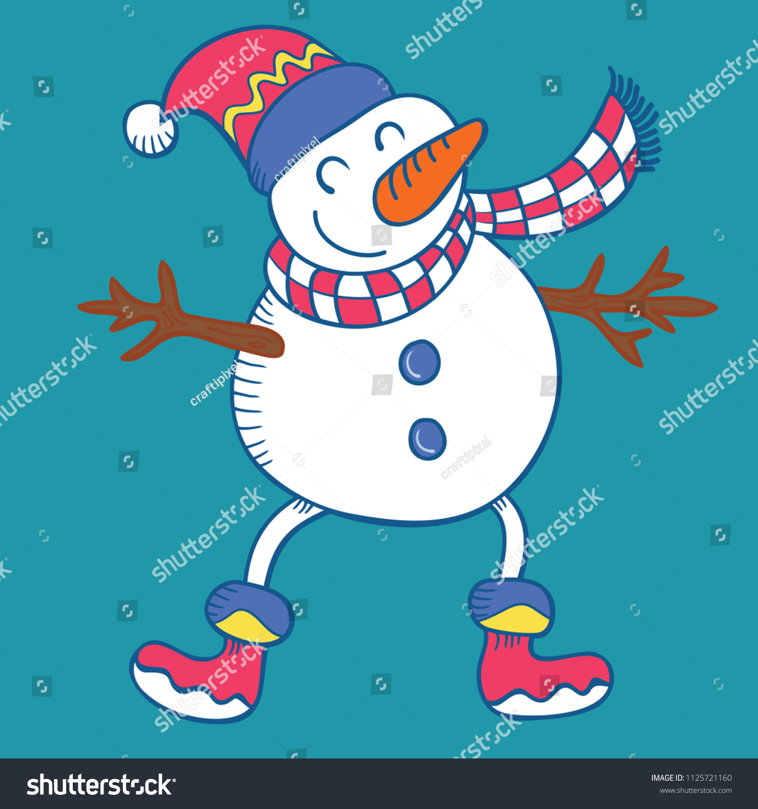 Happy Cute Funny Snowman Carrot Nose Stock Vector (Royalty Free) 1125721160